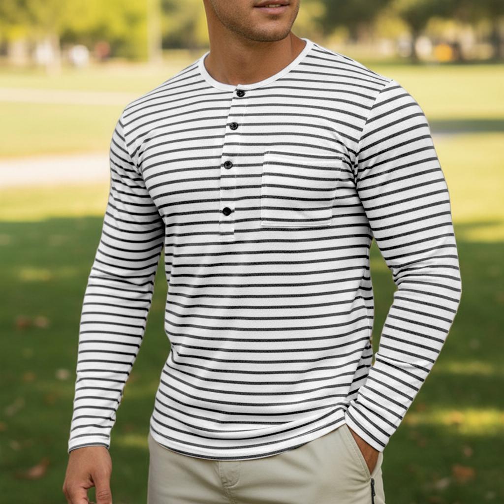 Men's Casual And Trendy Long,sleeved Shirt With A Base Layer And Horizontal Striped Round,neck Top