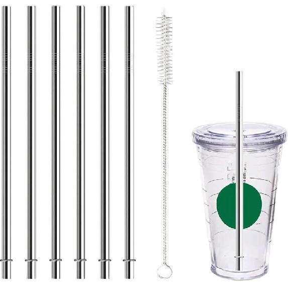 10.5 Inch Stainless Steel Straws Replacement for Starbucks Cold Cup Venti 24 Oz, 6 PCS Straight Reble Metal Straw with Cleaning Brush, 10.5" X 0.31"