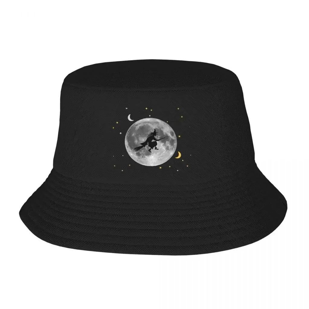 Witch on a broom flying over the moon Bucket Hat sun hat cute Brand Man cap Golf Wear Men WomensBucket