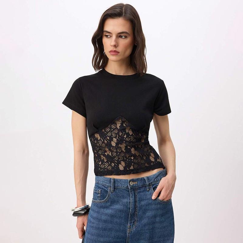 New European American Style Women s Clothes Short-sleeved Sexy Slim Hollow Short Round Neck Lace Top S