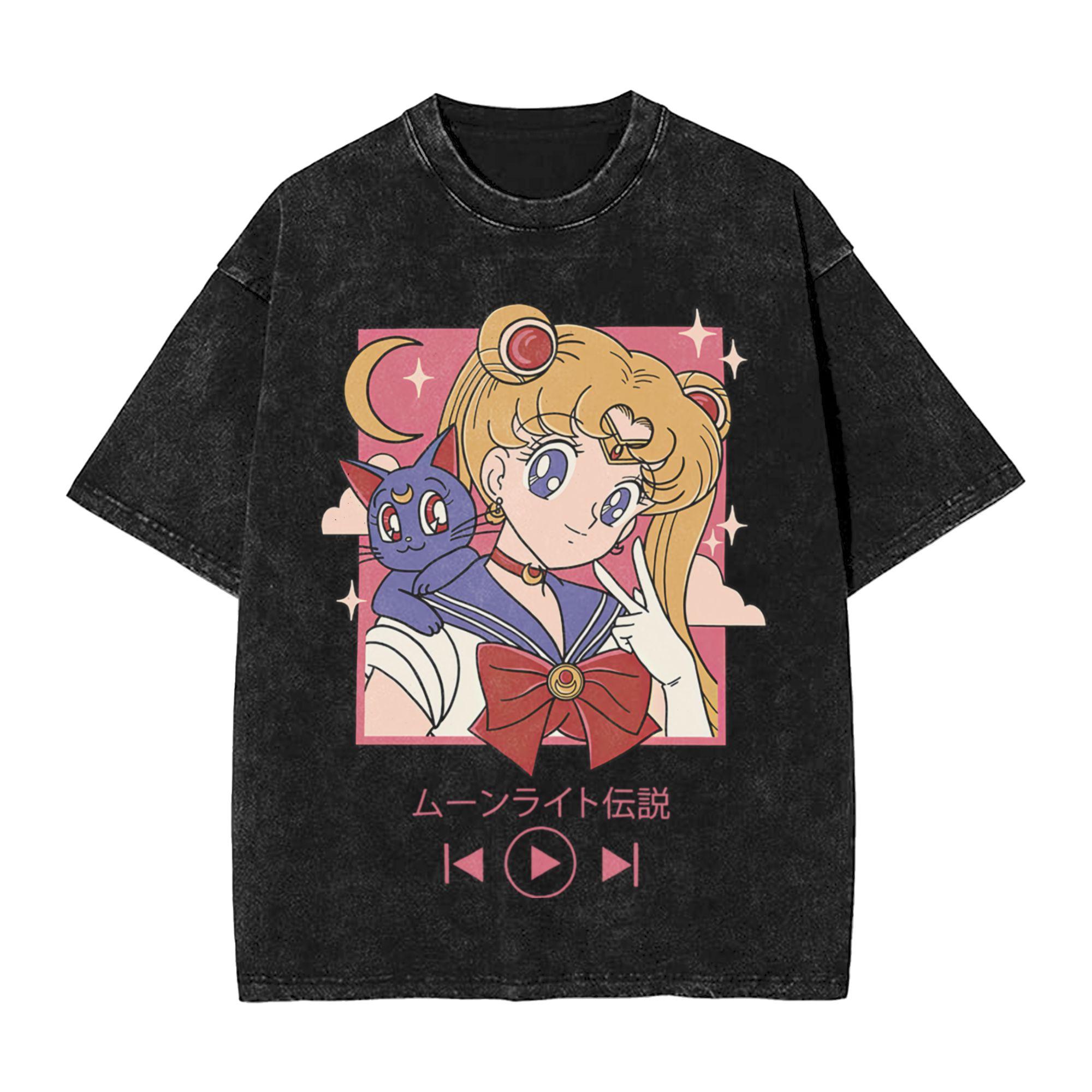 

Sailors Moons Washed T Shirt Streetwear Hip Hop Cool TShirts Tees Unisex Women Cotton Harajuku Graphic Printed S