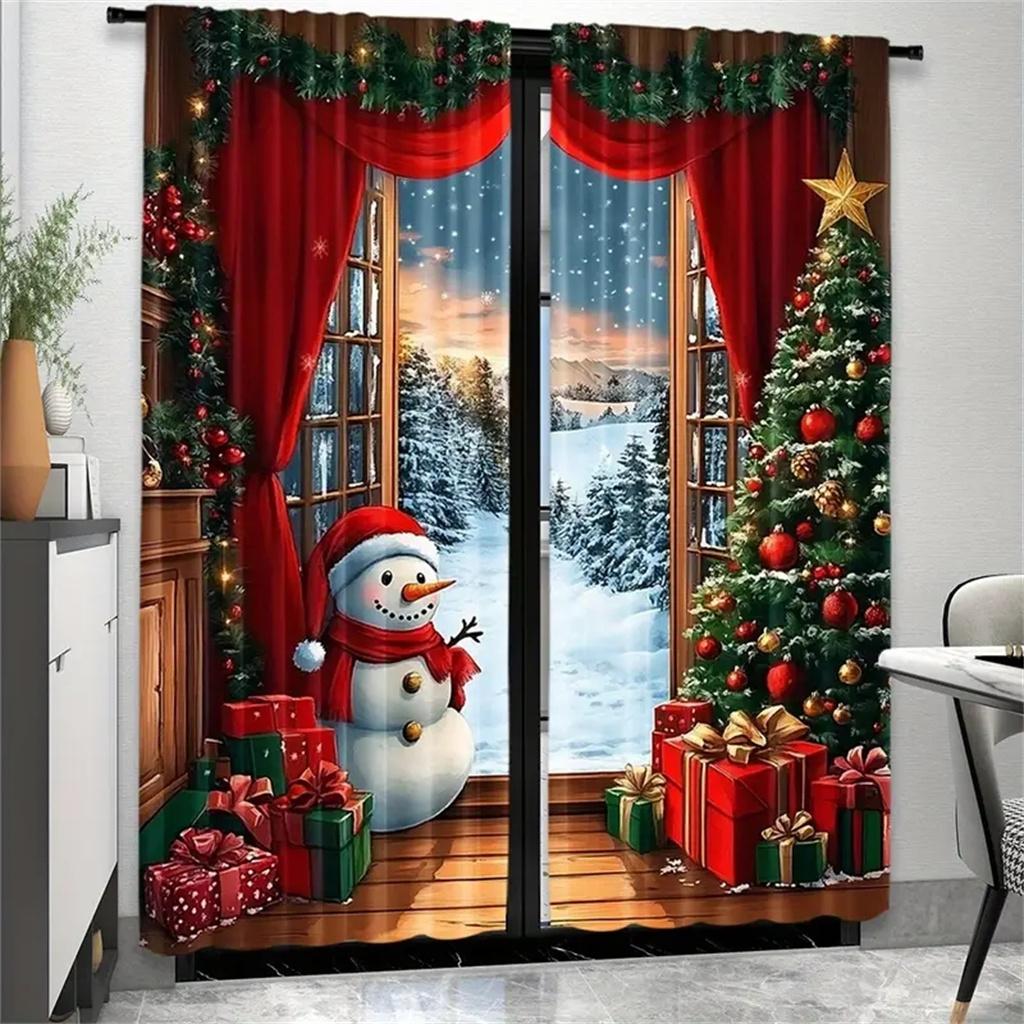 2pcs Christmas Tree Red Christmas Curtains Polyester, Rod Pocket Design for Living Room Bedroom Kitchen Decor -Machine Washable