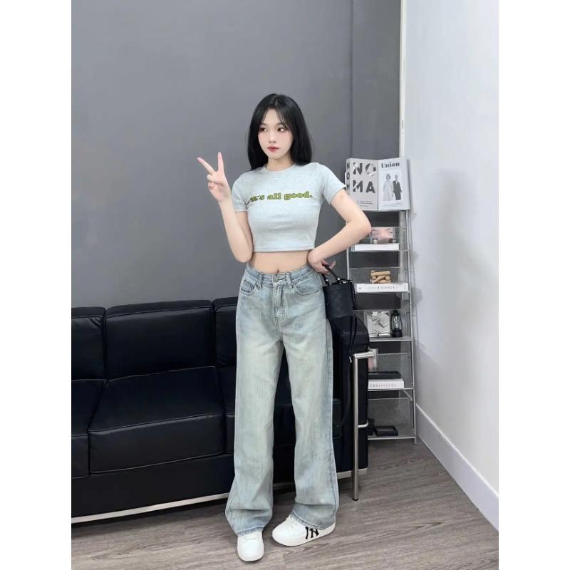 Retro Blue Texture Loose Straight Jeans Women Summer New High Waist Slimming Drape Versatile Mopping Casual Wide Leg Pants