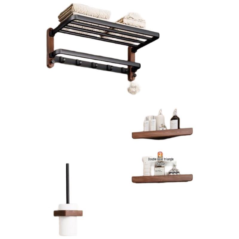 

HANDUNYOU Black Walnut Wood Bathroom Towel Rack & Storage Set