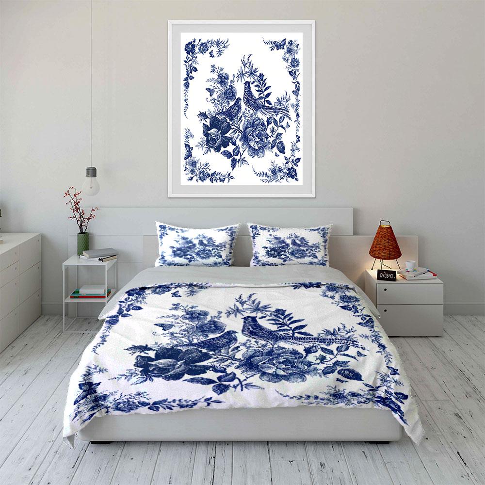 Blue Floral Birds Pattern Bedding Duvet Cover Set Duvet Cover Pillowcases (1*Duvet Cover 2*Pillowcases, Without Duvet Insert)