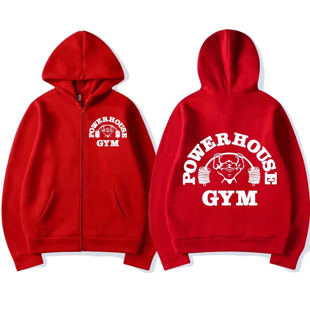 

Толстовка Powerhouse Gym с двусторонним принтом и логотипом на молнии, модная винтажная толстовка на молнии, повседневная, свободная, с капюшоном. S