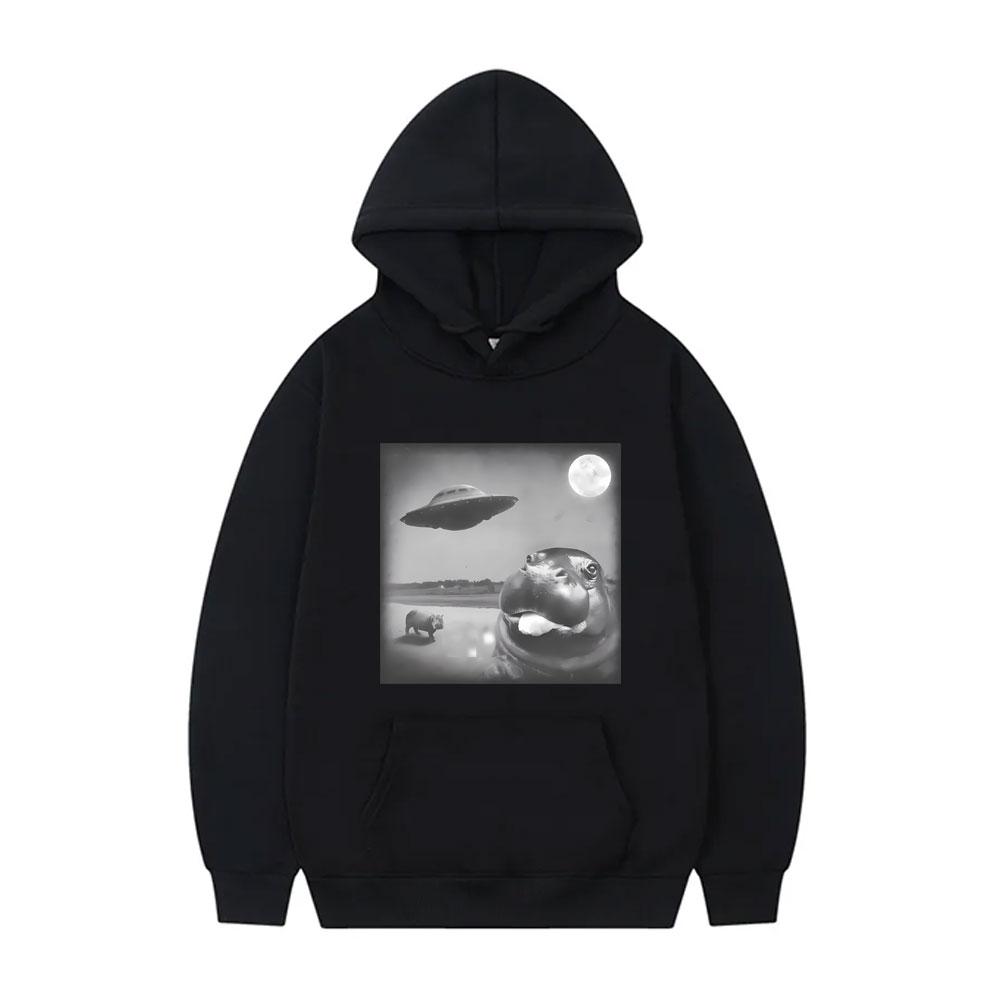 Moo Deng UFO Funny Meme Hoodie Humor Baby Hippo Sweatshirt Men Women Oversized Pullover Hoodies Men's Fleece Cotton Sportswear