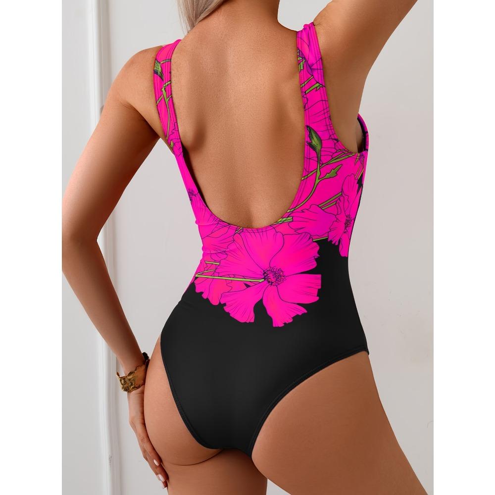 Costume da bagno intero da donna aderente con vita avvolgente, scollo rotondo, stampa floreale nero con fiori rosa, alta elasticità per spiaggia, piscina, estate