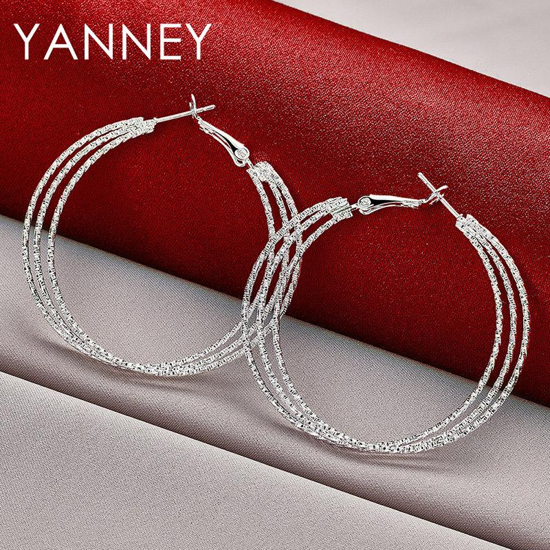 Luxury 925 Sterling Silver 50MM Frosted 3 Circle Hoop Earrings for Women Fashion Wedding Temperament Jewelry Accessories серебряный