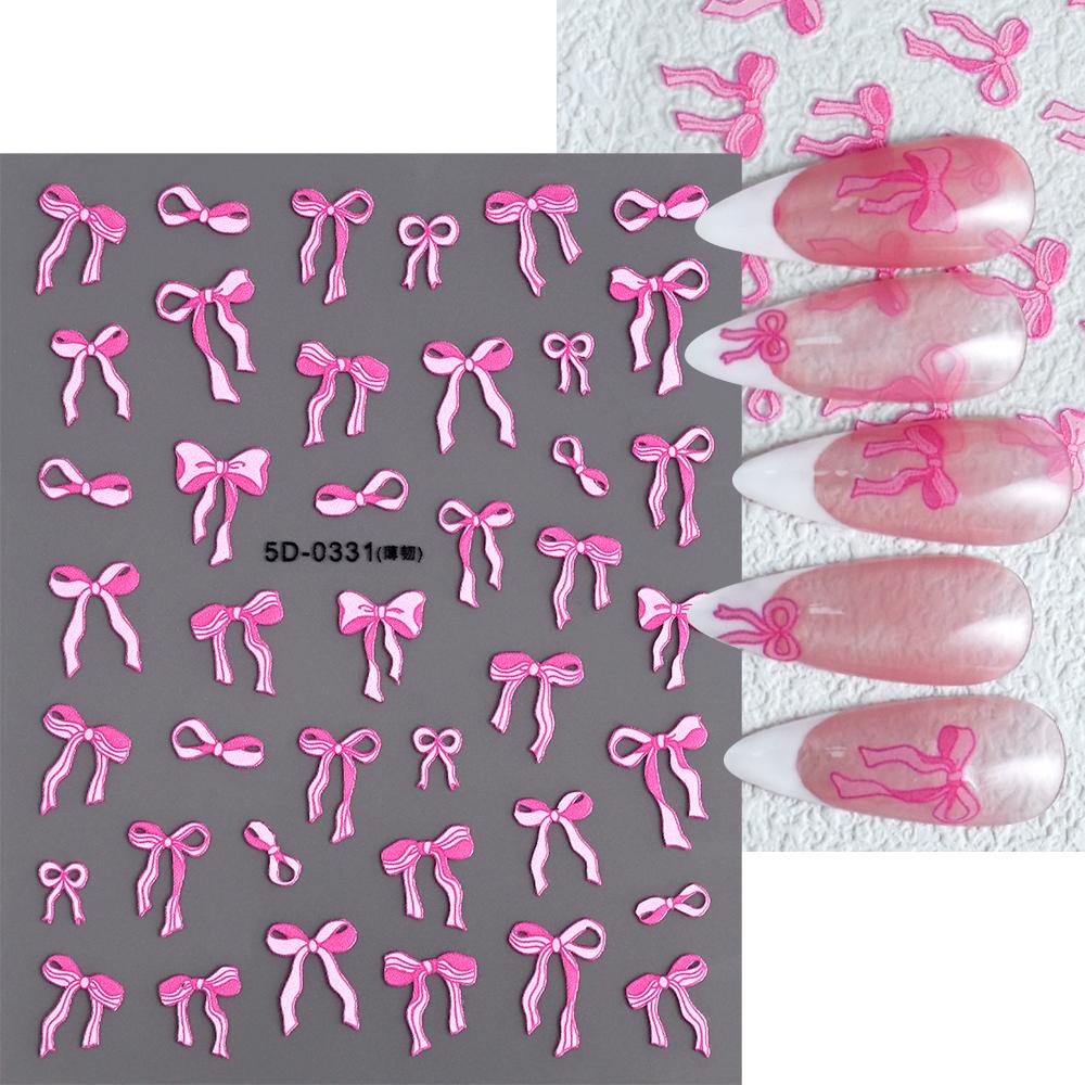 1PC 5D Embossed White Lace Bow Nail Art Stickers Cute Pink White Ribbon Bow Tie Nail Sliders Kawaii Bow Manicure Accessories TY9