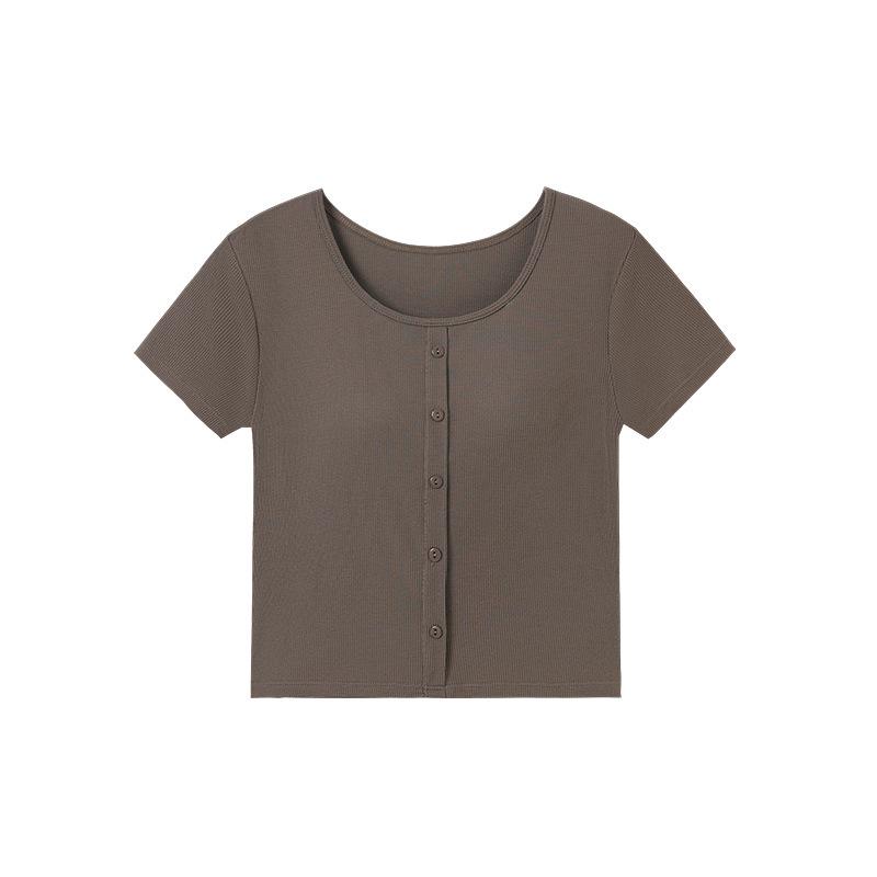 Modal Women's Short Sleeve Padded Top with Pajama-Style Back - Ribbed Base Layer for Inner or Outer Wear
