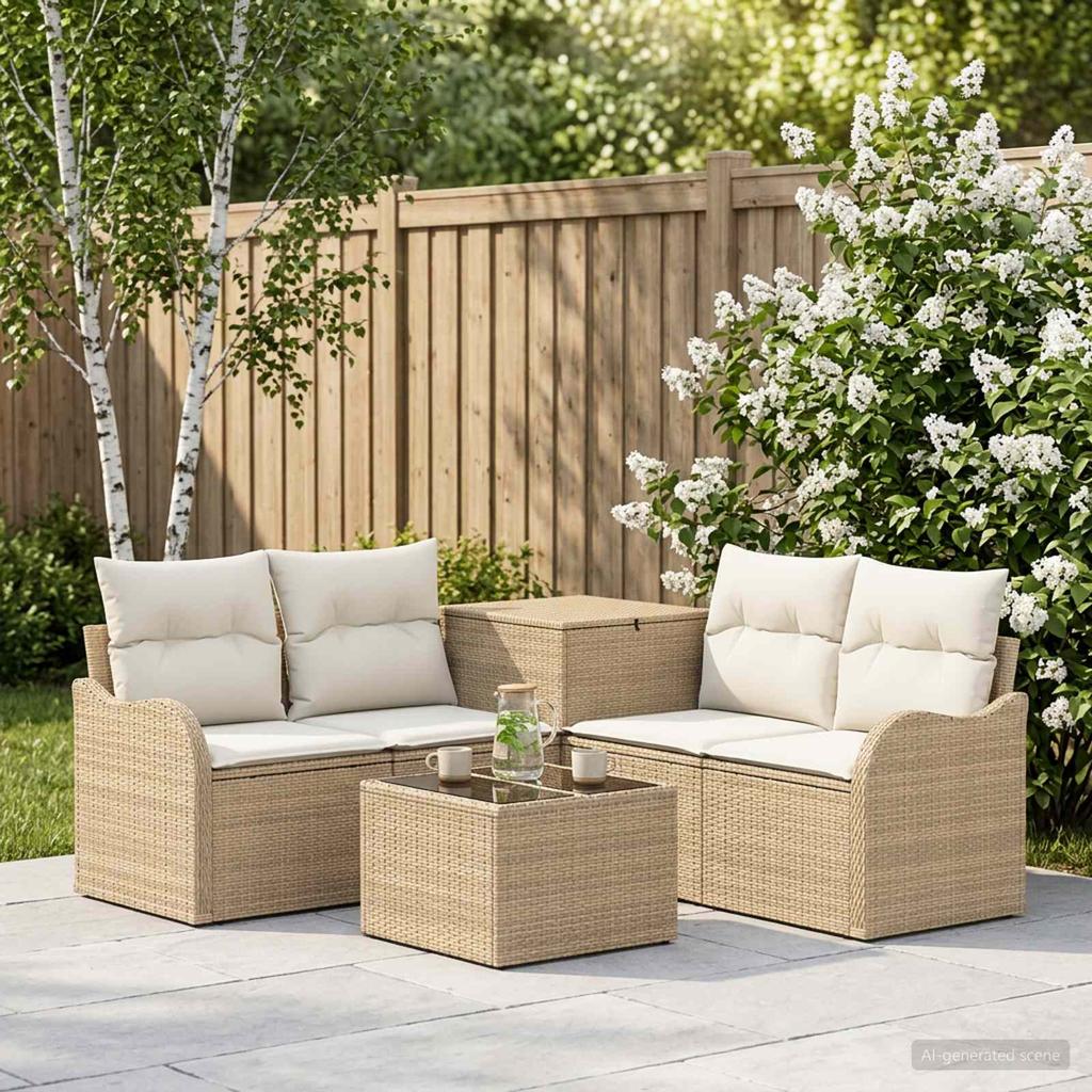 Sofa Set 6 Pieces Beige and Cream White Poly Rattan and Steel