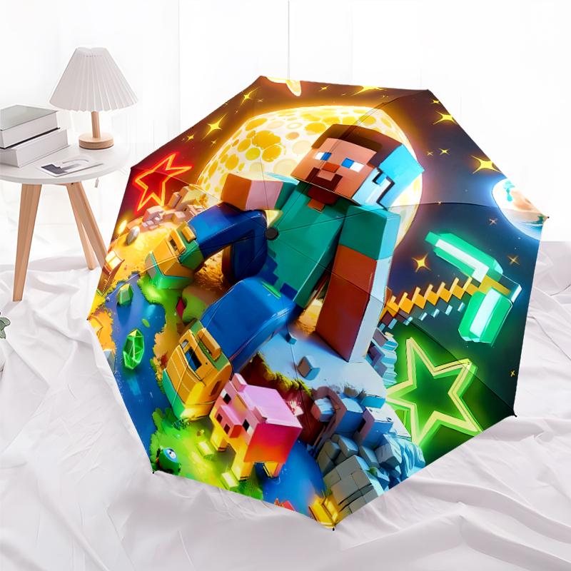Printed Blocky Pixel Game Folding Umbrella,Outdoor,Leisure,And Travel Umbrella,Durable Umbrella Fabric,Birthday And Holiday Gift