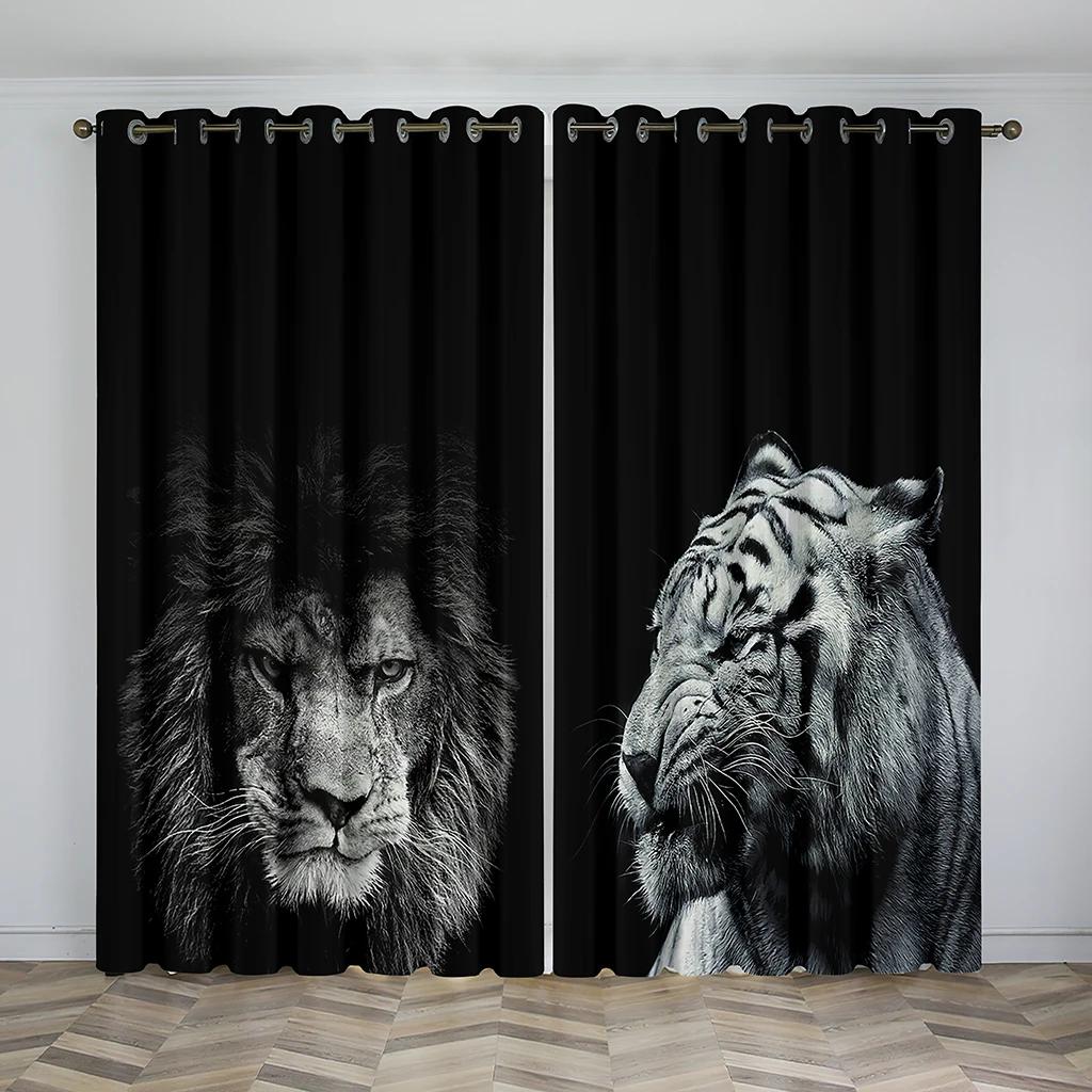 3D Digital Printing Curtain for Kitchen, White Tiger, Wild Animal Pattern, Short Window Curtains, Living Room, 2 Panels