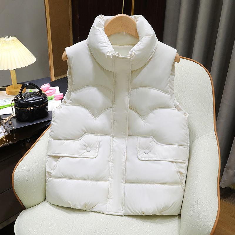 

Осінньо-зимовий жіночий жилет із коміром-стійкою, відкритий, потовщений вітрозахисний теплий жилет, вільна куртка без рукавів 3XL бежевий