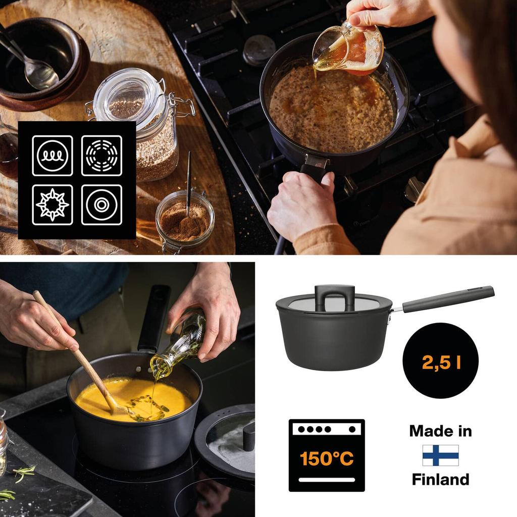 [Officially Imported] Fiskars 20cm Saucepan (with Lid), Induction/Gas Compatible, Non-Stick, "Hard Face" 1052235