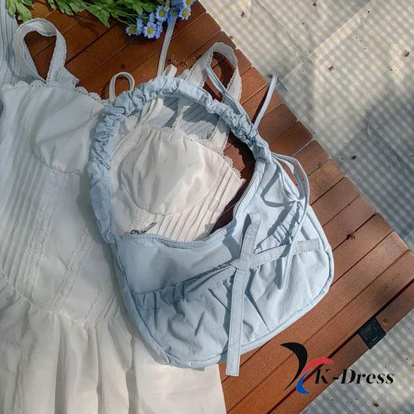 Shirring String Scrunch Shoulder Bag Nylon Ribbon Mini Gathered Casual Daily Look Date Look Travel Bag 4 Colors