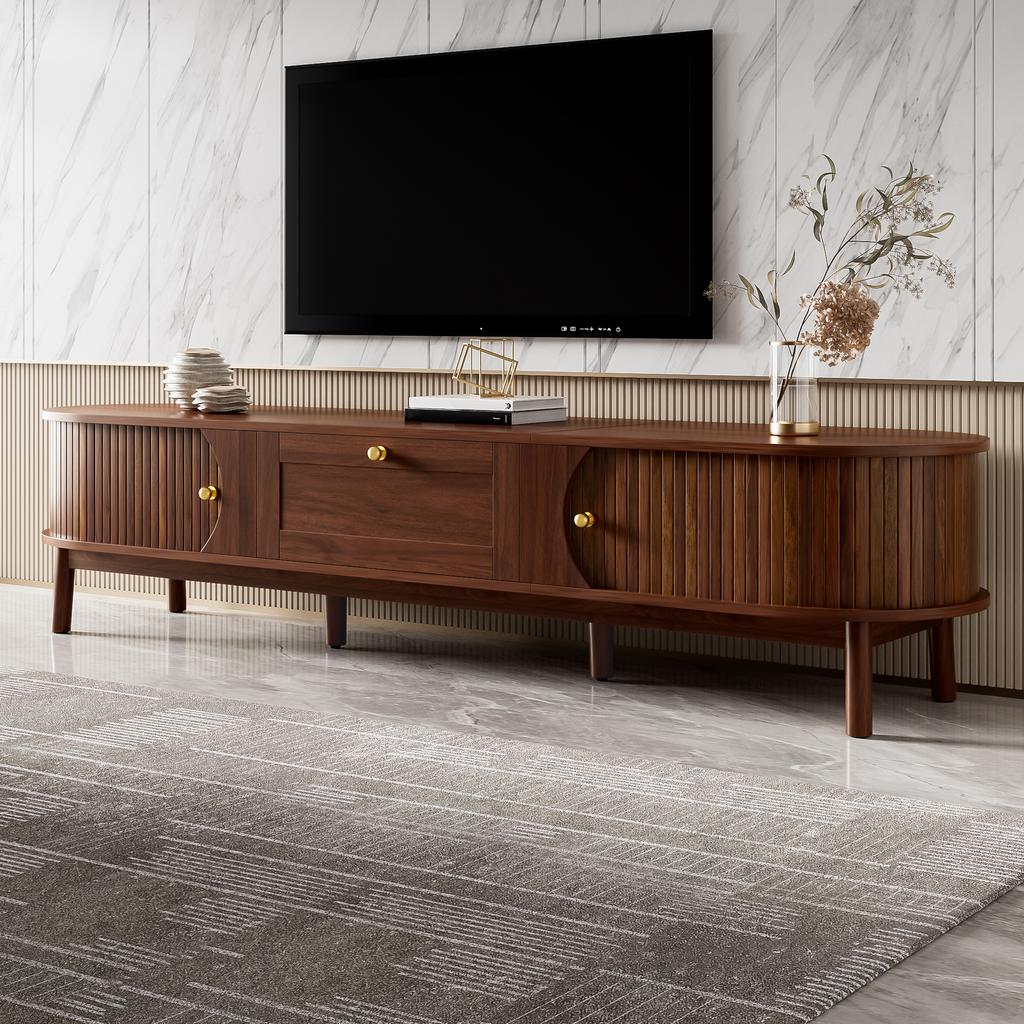 Modern TV Stand made of Solid Wood with Drawers, Classic Rounded Corners, Sturdy Wooden Legs, TV Stand with Storage Space for the Living Room.