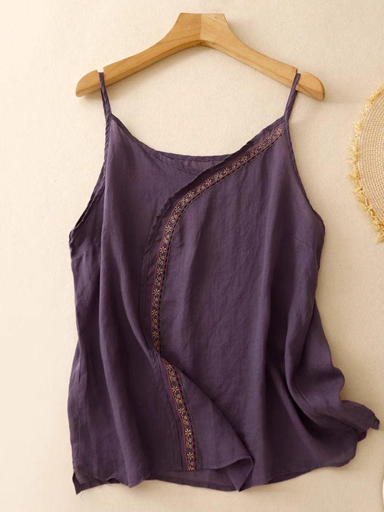 Женская вышитая льняная хлопковая пэчворк майка – Без рукавов, свободного кроя, летний жилет 3XL фиолетовый