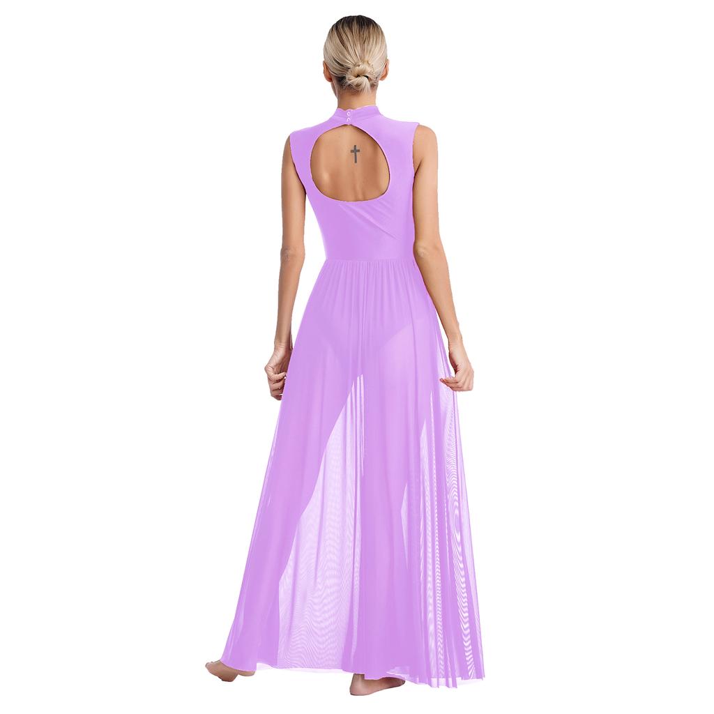 Womens Shiny Rhinestone Lyrical Dance Dress Mock Neck Sleeveless Open Back Twist Front Sheer Mesh Overlay Leotard