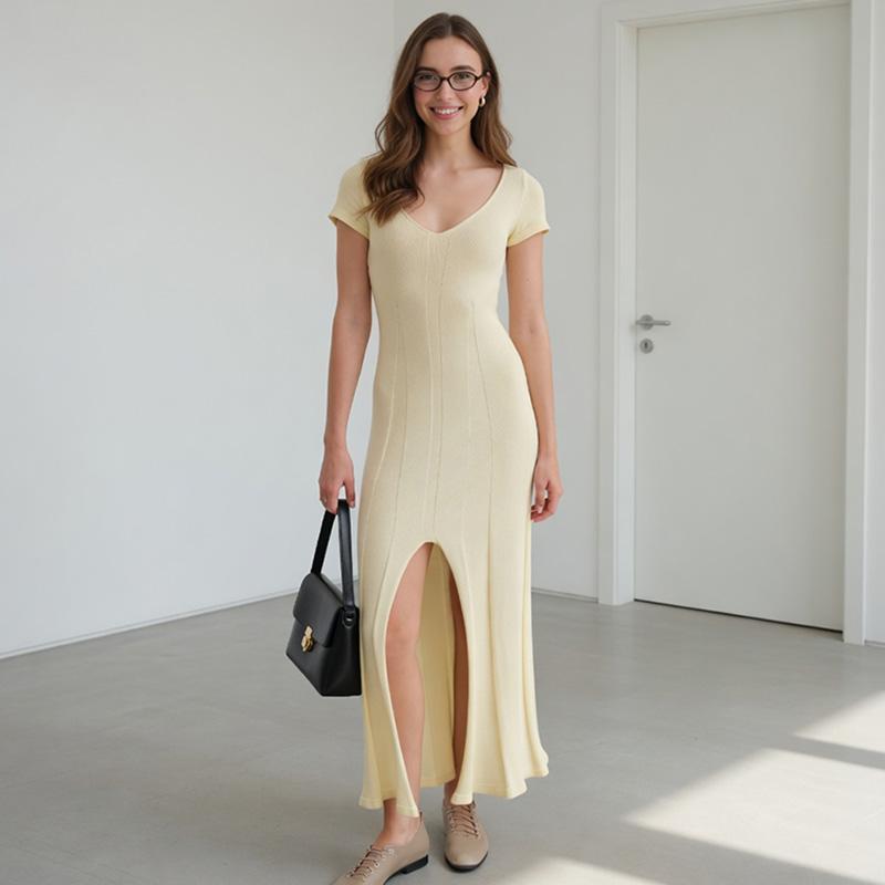 Sundresses for Women Long Dress 2026 Summer V-Neck Short Sleeve Knit Slit Maxi Dress Fashion Bodycon Maxi Dress Beach Vacation Clothes