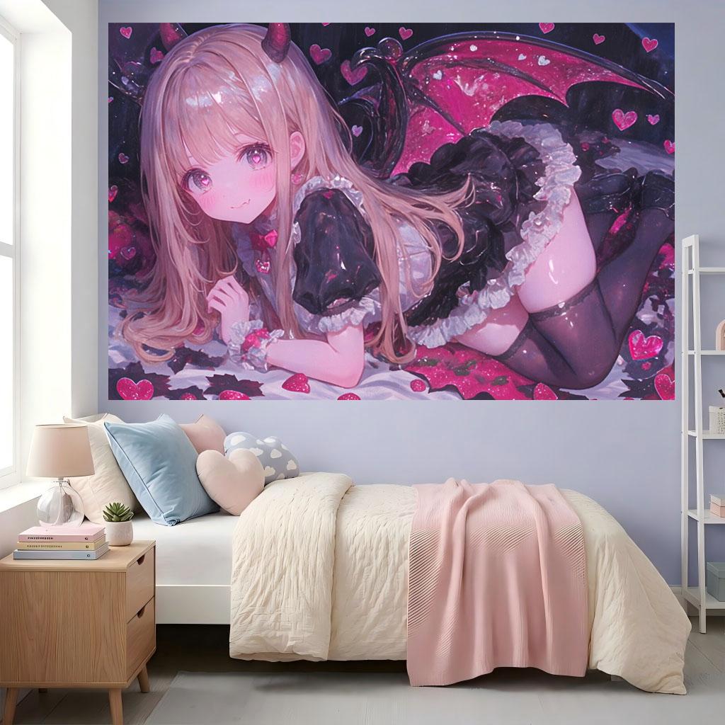 Kawaii Demon Anime Girl Tapestry Gothic Lolita Devil Wings Wall Hanging Pink Heart Wall Tapestry Bedroom Background Decor Cloth