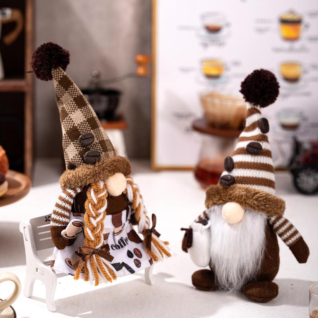 Coffee-Themed Faceless Gnome Doll Christmas Ornaments - Plush Table and Window Decor