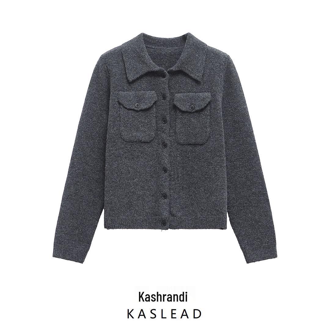 

2024 Winter Women’s European & American Style POLO Collar Long Sleeve Knit Cardigan Large темно-сірий
