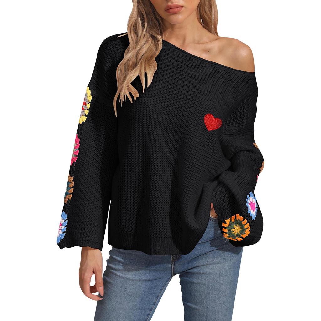 Pullover für Damen mit One-Shoulder-Halsausschnitt und lockerem Oberteil, handgehäkelt, zufällig gemischte Farben