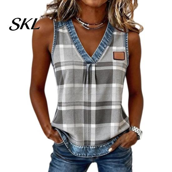 Soft Fabric Vest Summer for Women, V-Neck Sleeveless Tank Tops, Plaid Print Loose Fit Shoulder Strap Reinforced Casual Camisole with Collar Hem, Slim