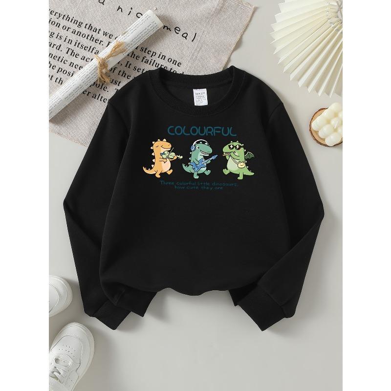 Girls' Long-sleeve Sweatshirt with Round Neck and Printed DesignColorful Dino Band Suitable for Spring and Autumn, Fashionable and Casual