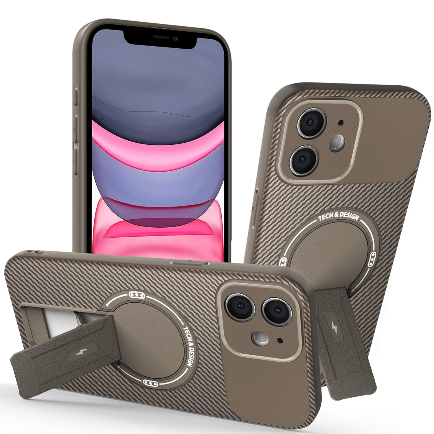 For iPhone 11 Case with Kickstand Carbon Fiber Texture PC + TPU Phone Cover B