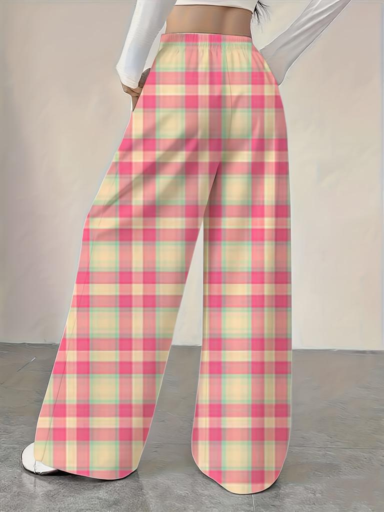 Damen-Hose in Übergröße mit weitem Bein, durchgehendem Karo-Muster in Rosa, Gelb und Grün, gerade geschnittene Hose für Freizeitkleidung, durchgehendes Muster