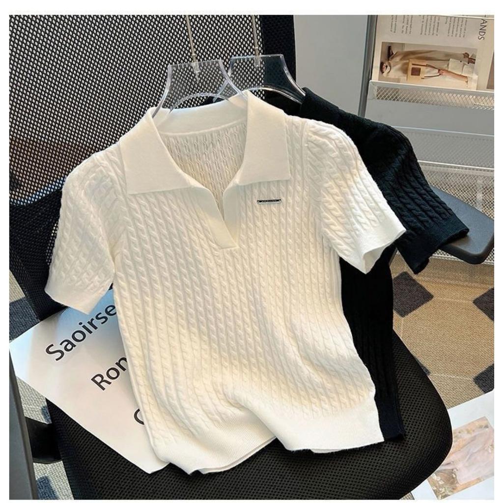 Tricou cu mâneci scurte cu mâneci scurte, cu rever, cu rever, din mătase de gheață