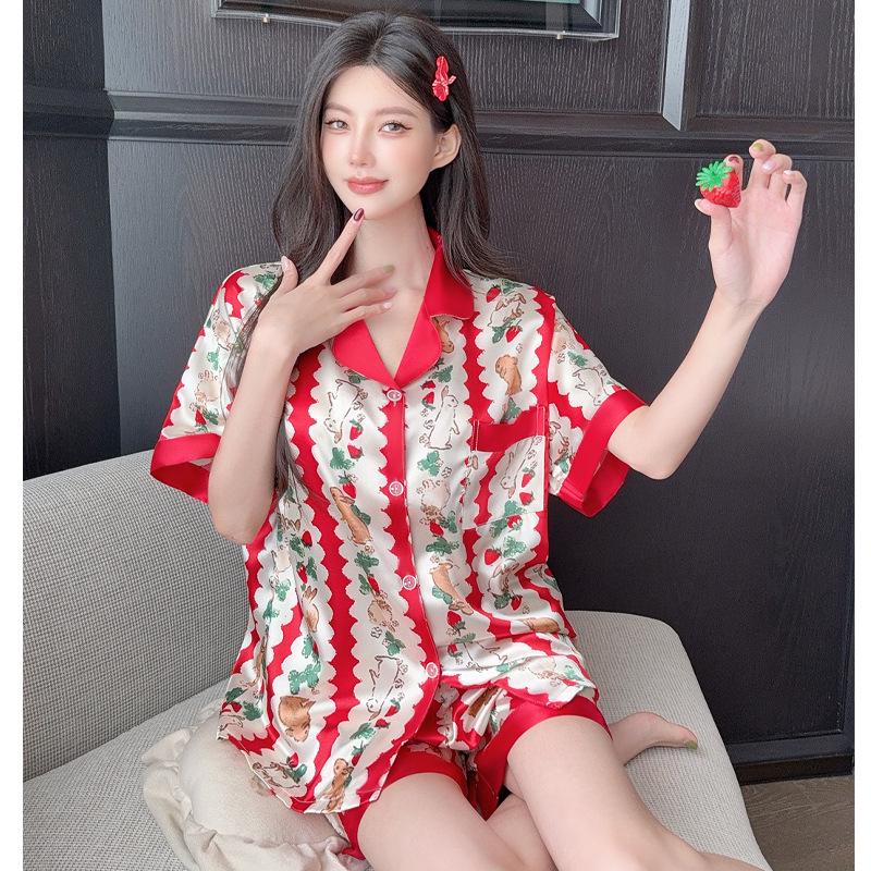 Women's Summer Pink Stripe Ice Silk Short Sleeve Pajama Set for Indoors and Outdoors