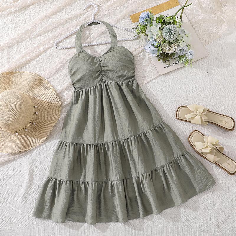 Girls  Fashionable Green Dress for Summer Children s Vacation Style Halter-neck Strapless Halter Dress 130cm=8Y