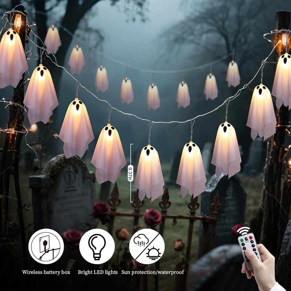10Pcs Spooky Ghosts String Lights W/ 8 Light Modes Glowing Spooky Ghost LED Light String Ghost LED Lights Halloween Decoration