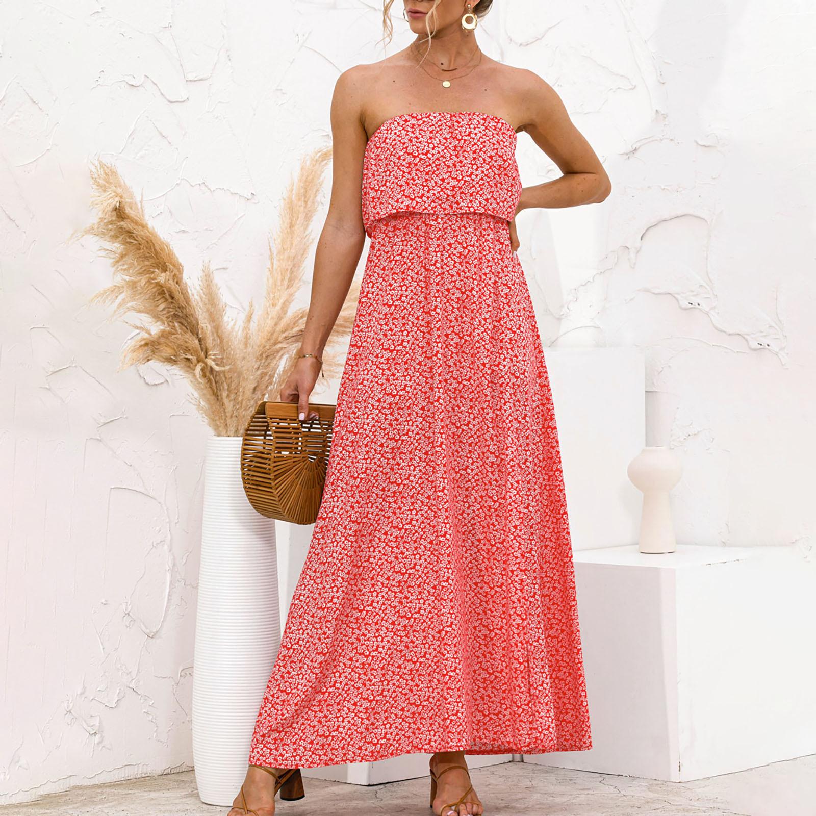 

Women Off Shoulder Sexy Tube Top Dress Ruffle Split Strapless Boho Maxi Dress XL червоний