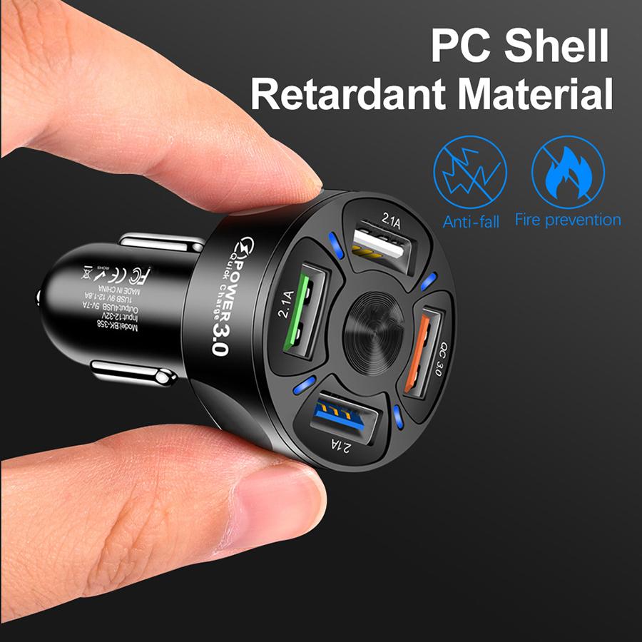 4 Ports USB Car Charger Adapter LED Display QC 3.0 Fast Charging for IOS Android
