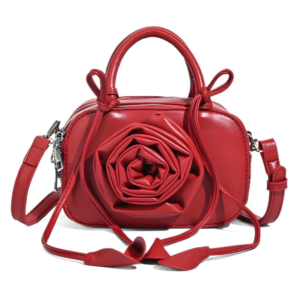 New Rose Flower Design Handbag Women High-end Versatile Floral Crossbody Bag Red And Black PU Zipper Style Single Shoulder Bag