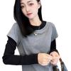 Plus Size Patchwork Faux Layer Long-Sleeve T-Shirt for Women, Slimming and Versatile Autumn Style.