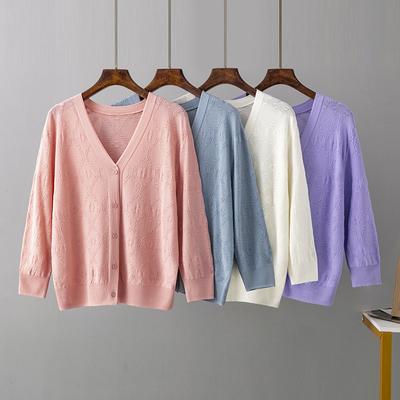 New Summer Women Ice Silk Knitted Cardigan Chic V-Neck Single-breasted Long Sleeve Knitwear Tops Solid Color Sunscreen Cardigan