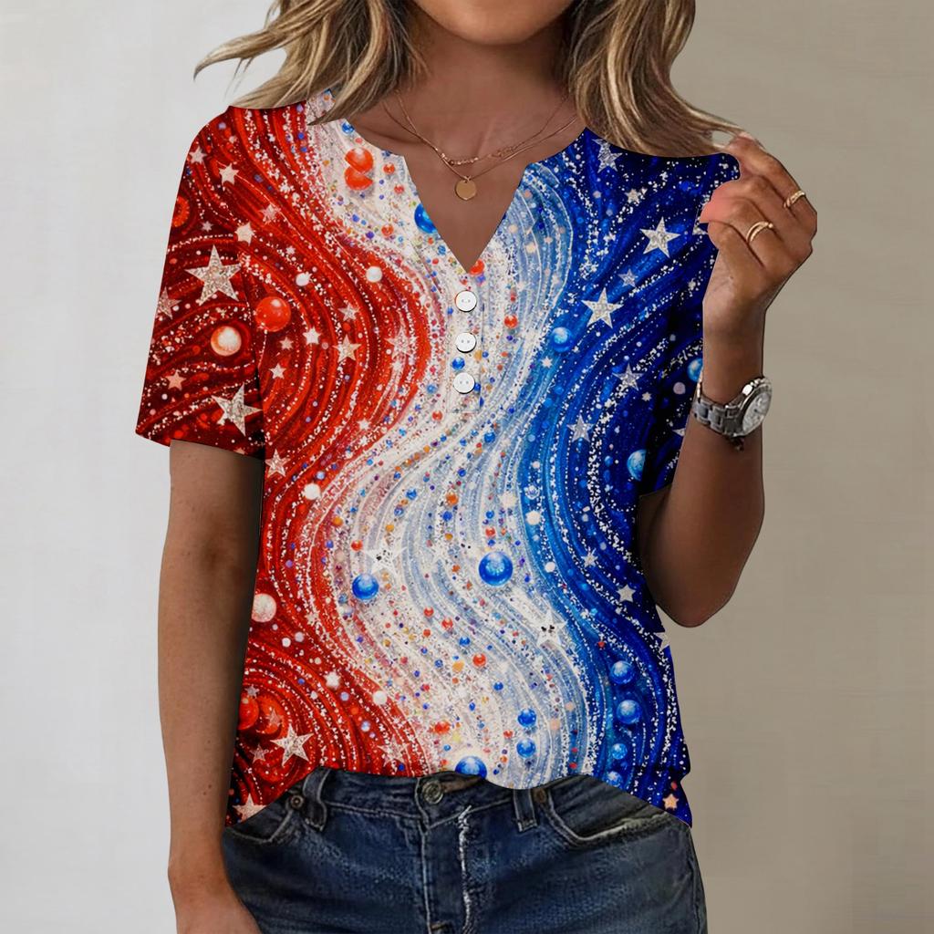 Women's fashionable casual short-sleeved Independence Day print V-neck top