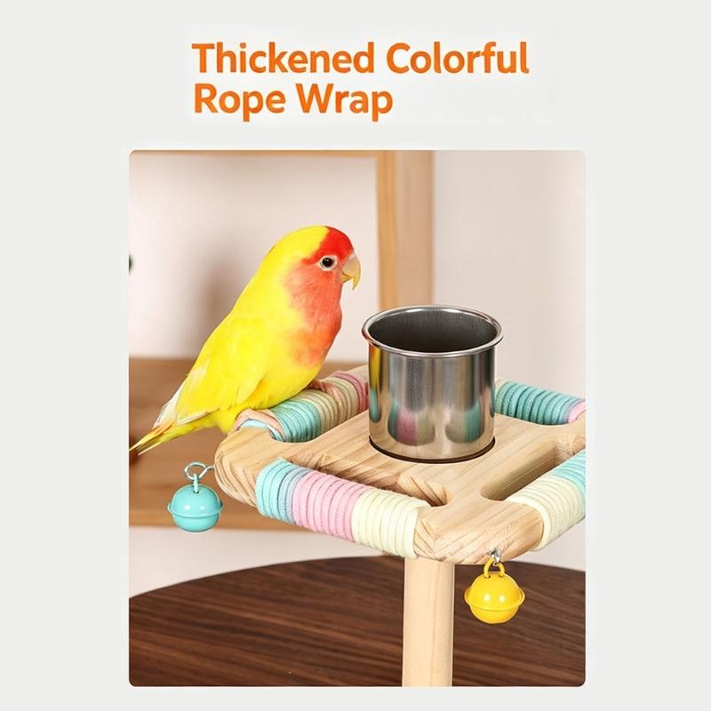 Bird Bells Stand Perch for Small Pet Birds, Wooden Home Play Frame with Textured Top Bar and Rounded Wood Finish for Daily Use Indoors