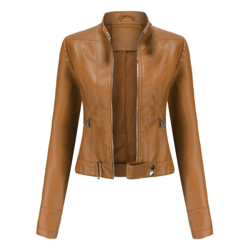 Womens Short Faux Leather Jacket Stand Collar Lightweight Outerwear