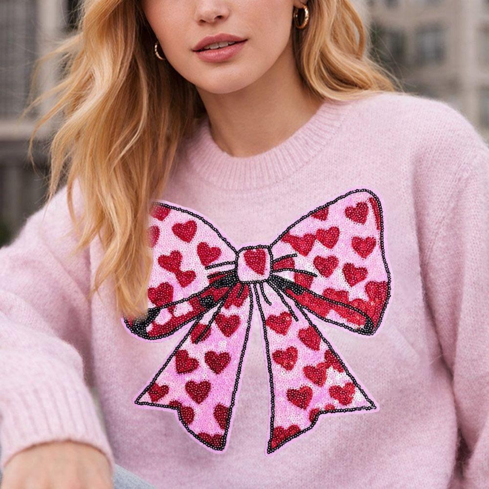 1 Piece New 24*25cm Sequins Clothing Patches Shining Red Heart Bow Iron On Sequins Sticker DIY Clothes Patch