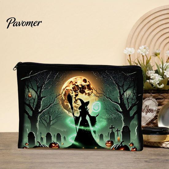 Dark Theme Zipper Bag Storage Bag, with Halloween Witch Castle Print, Large Washable Accessory Capacity Canvas Cosmetic Organizer, for Travel