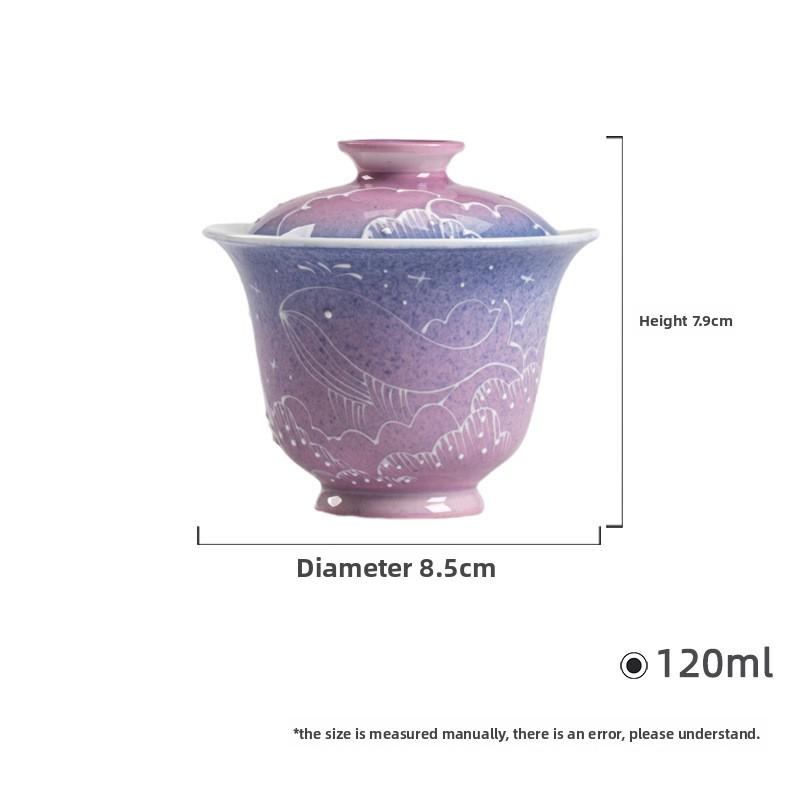 

Ceramic Tea Bowl Hand Painted Whale Design Purple Gradient Glaze Gongfu Anti Scald Lidded Cup Gift Set