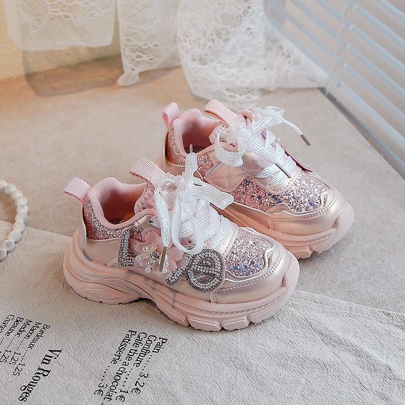 2025 autumn new baby sports shoes children's flowers bright diamond dad shoes soft sole non-slip little girl foreign tide