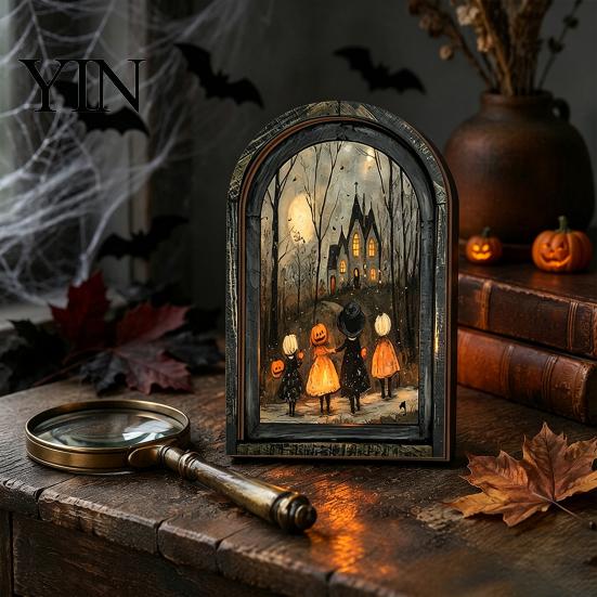 Hanging Halloween Decorations Arched Wooden Wall Decor, Ghost Cat Ornament, Distressed Gothic Medieval Style Window Frame Tabletop Decor Plaque,